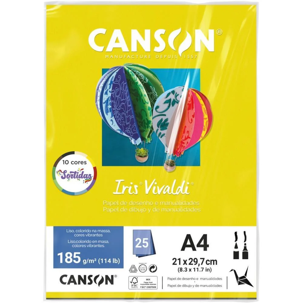 PAPEL A4 COLOR IRIS VIVALDI 10CORES SORT 185G CANSON (PCT.C/25)