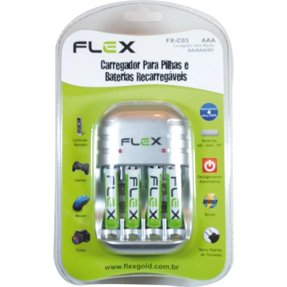 CARREGADOR DE PILHAS BIVOLT P/ PILHAS AA/AAA/G 1100MAH FLEX (UNIDADE)