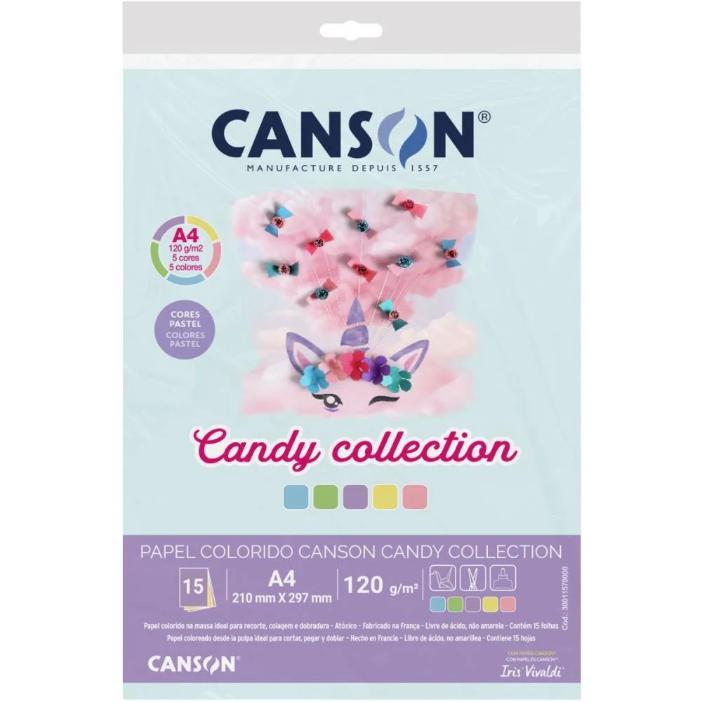PAPEL A4 COLOR CANDY COLLECTION 5 CORES 120G CANSON (PCT.C/15)