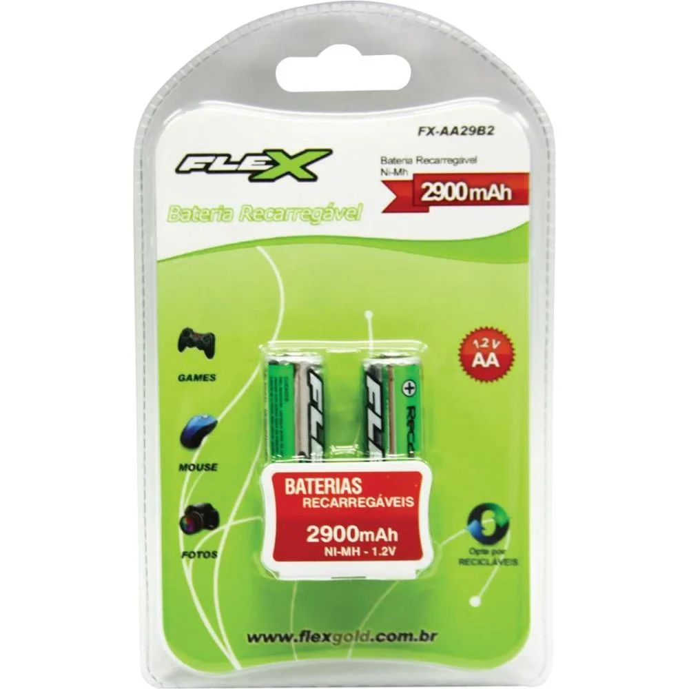 PILHA RECARREGAVEL PEQUENA AA 2900MAH 1.2V. FLEX (BL.C/02)