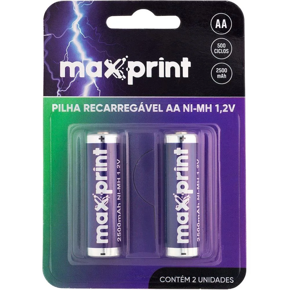 PILHA RECARREGAVEL PEQUENA AA 1,2V 2500MAH MAXPRINT (BL.C/02)