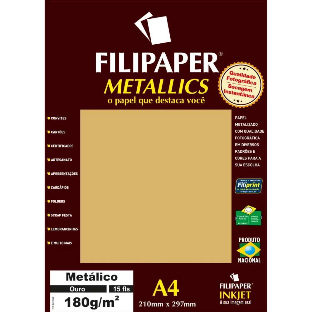 PAPEL A4 METALICO OURO 180GR. FILIPERSON (PCT.C/15)
