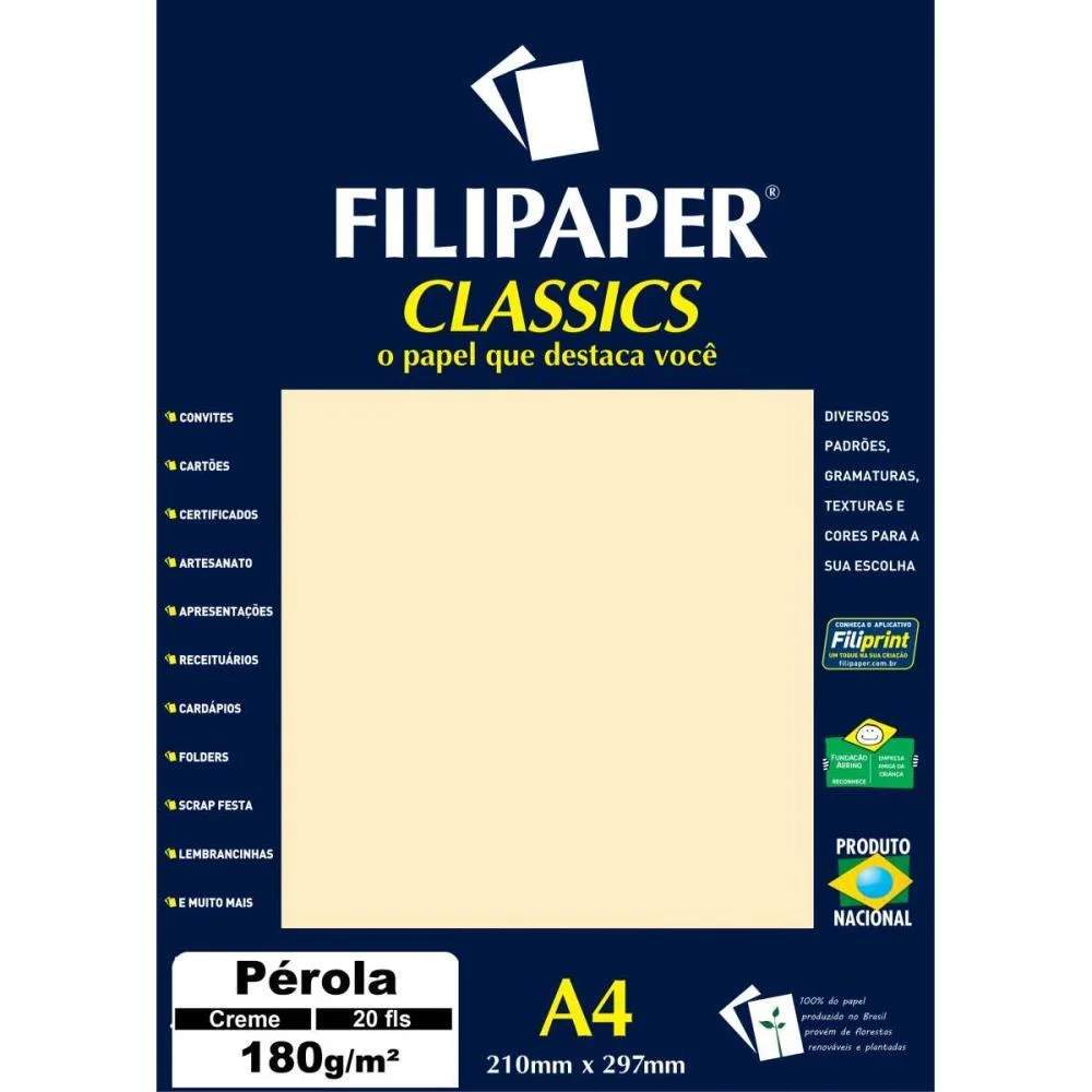 PAPEL A4 PEROLADO CREME 180G. FILIPERSON (CX.C/20)