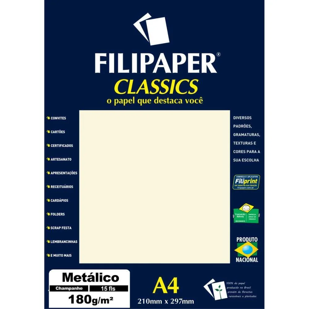 PAPEL A4 METALICO CHAMPANHE 180GR. FILIPERSON (PCT.C/15)