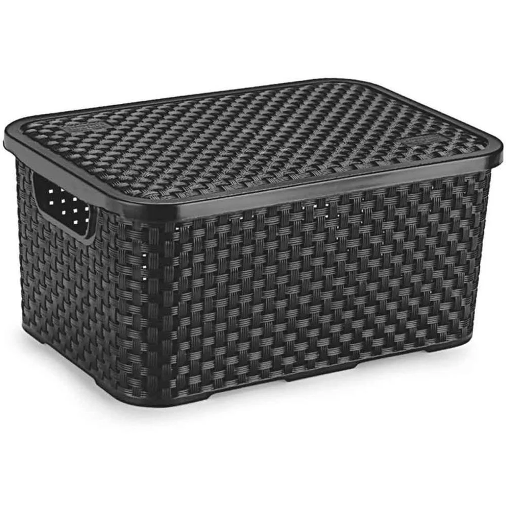 Caixa Plastica Multiuso Rattan C/Tampa Preto Med 8L. Nitron (Unidade)