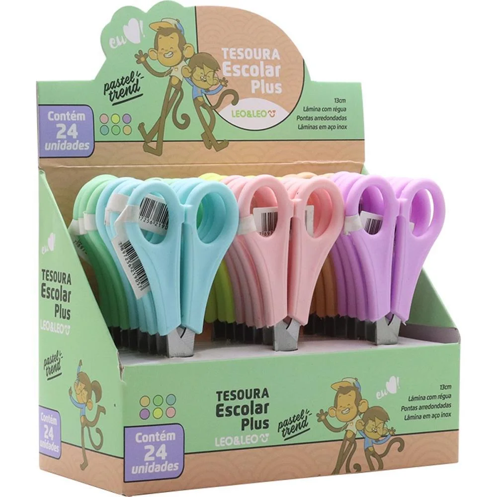 TESOURA ESCOLAR PASTEL TREND PLUS 6 CORES LEONORA (DP.C/24)