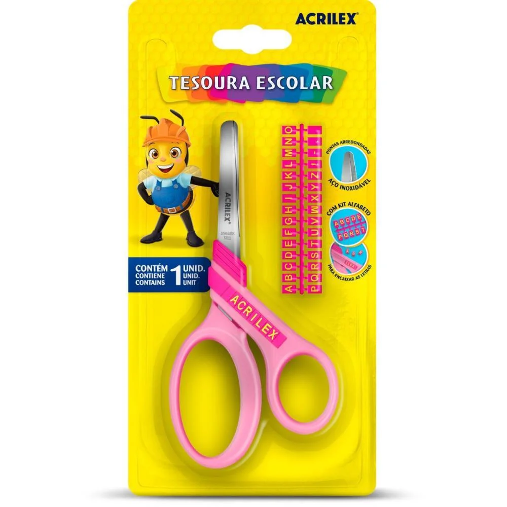 TESOURA ESCOLAR LETRAS ROSA ACRILEX (CX.C/12)