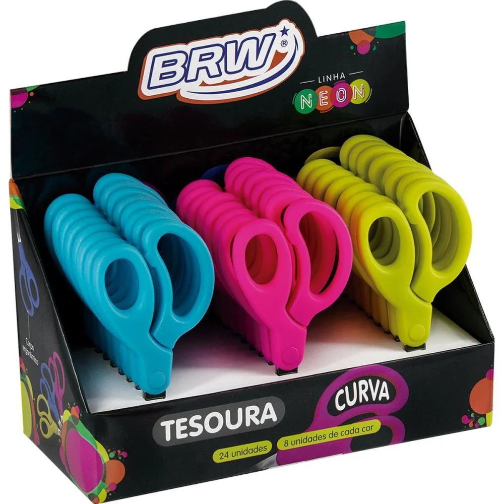 TESOURA ESCOLAR CURVA 13CM 3 CORES NEON BRW (DP.C/24)