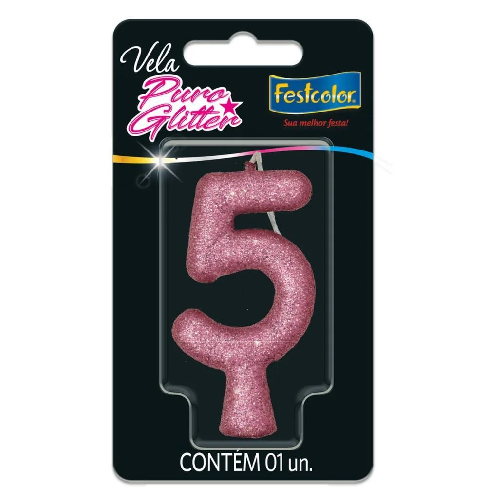 VELA PARA ANIVERSARIO N.05 ROSA PURO GLITTER FESTCOLOR (CX.C/10)