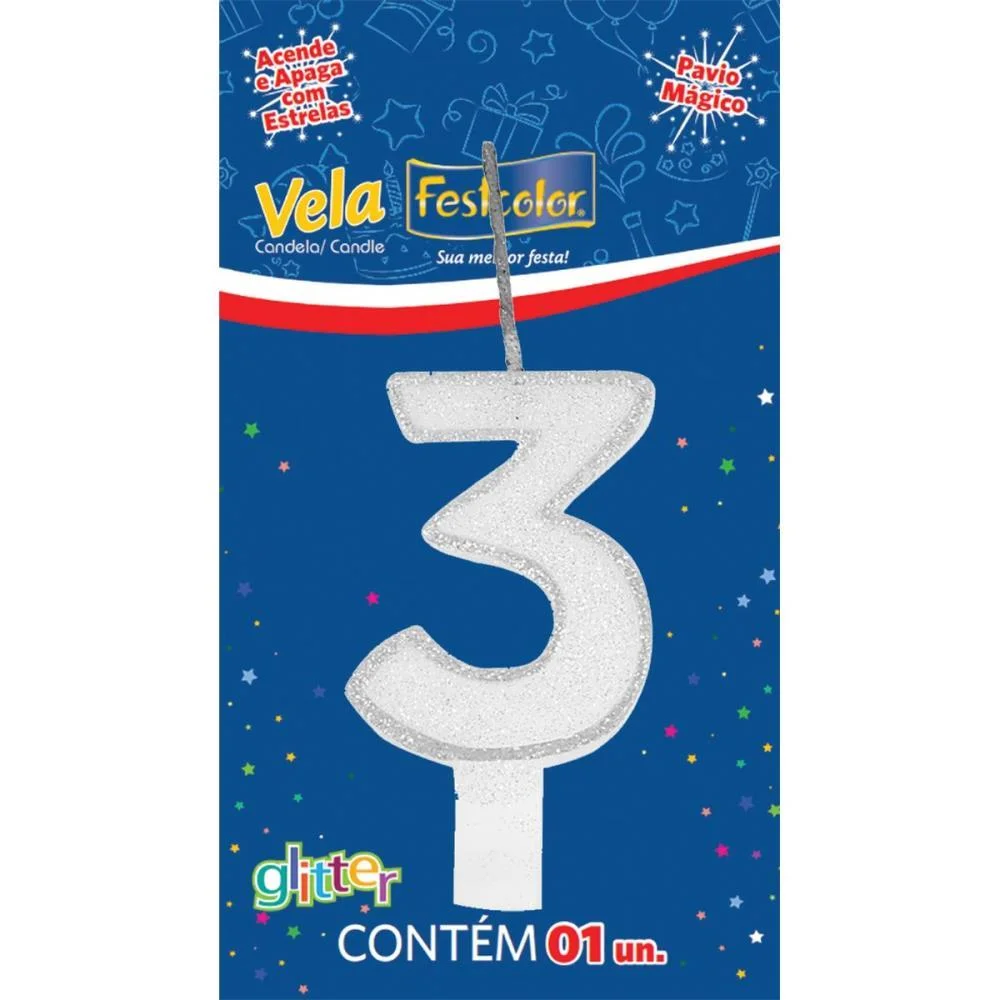 VELA PARA ANIVERSARIO N.03 BRANCA GLITTER FESTCOLOR (CX.C/10)