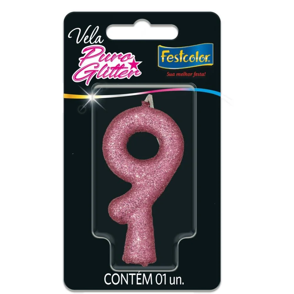 VELA PARA ANIVERSARIO N.09 ROSA PURO GLITTER FESTCOLOR (CX.C/10)