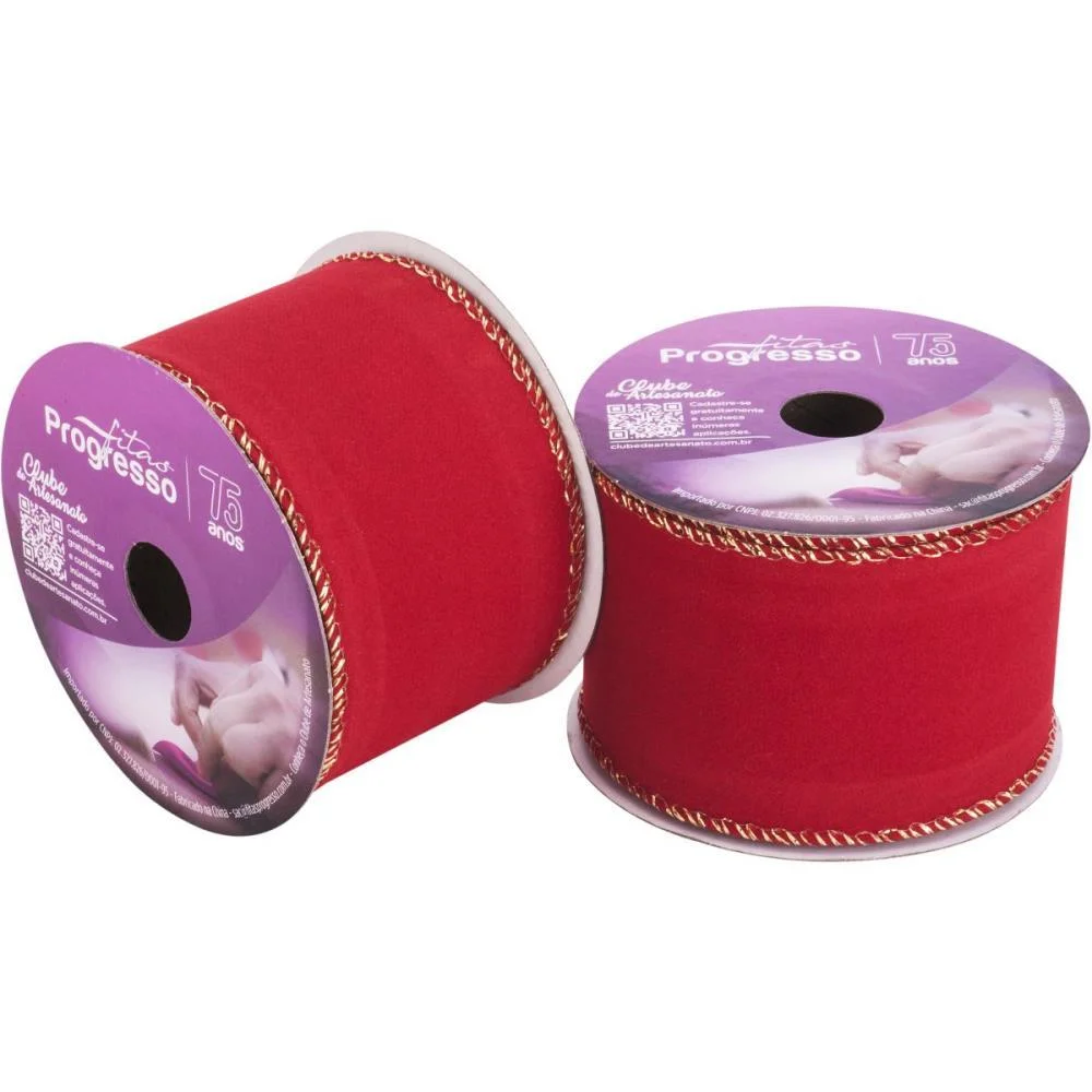 FITA ARAMADA NATAL 63MMX10M VELUDO VERMELHO/OURO FITAS PROGRESSO 