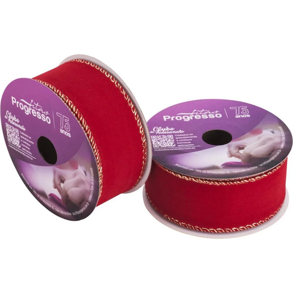 FITA ARAMADA NATAL 38MMX10M VELUDO VERMELHO/OURO FITAS PROGRESSO 