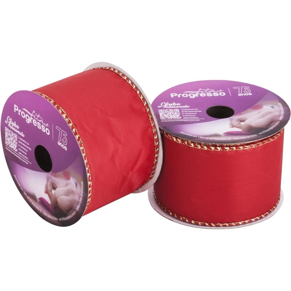 FITA ARAMADA NATAL 63MMX10M CETIM VERMELHO/DOURAD FITAS PROGRESSO 