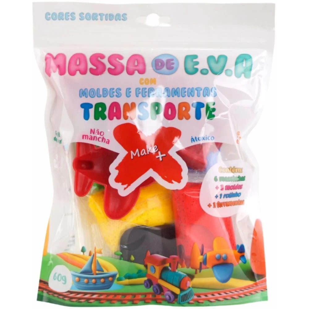MASSA DE EVA CRIATIVA TRANSPORTE C/MOLDE 60G MAKE+ (PACOTE)