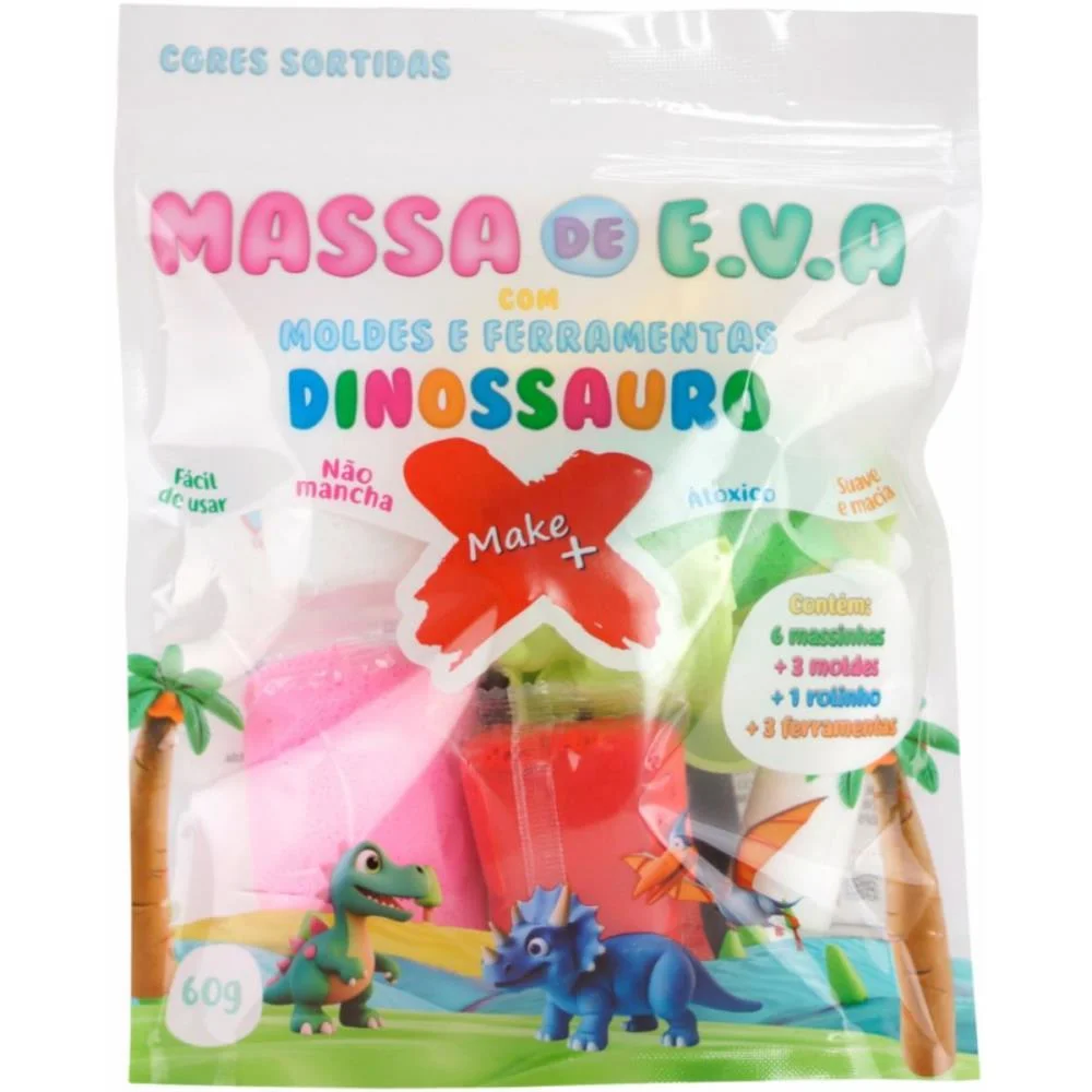 MASSA DE EVA CRIATIVA DINOSSAURO C/MOLDE 60G MAKE+ (PACOTE)