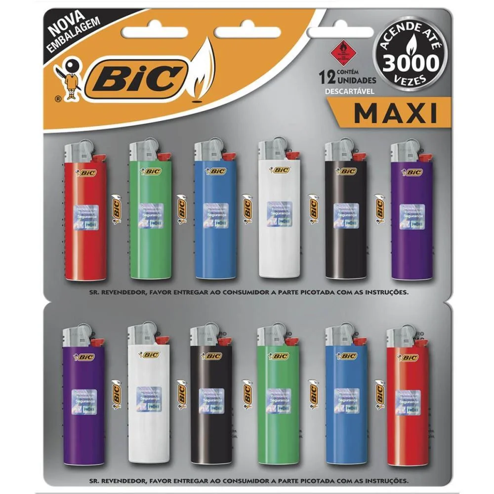 ISQUEIRO DESCARTAVEL BIC MAXI A GAS CARTELA C/12UND BIC (CARTELA)