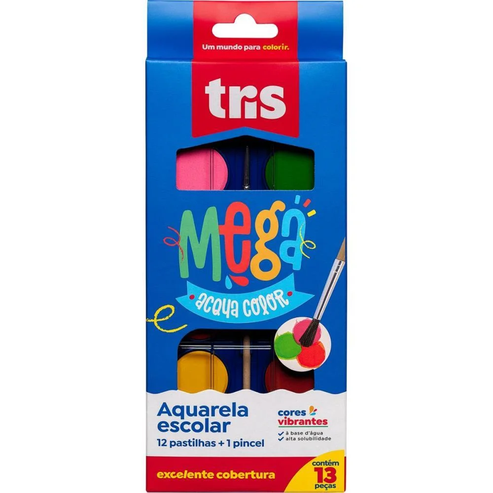 AQUARELA ESCOLAR TRIS MEGA ACQUA COLOR 12 CORES SUMMIT (ESTOJO)