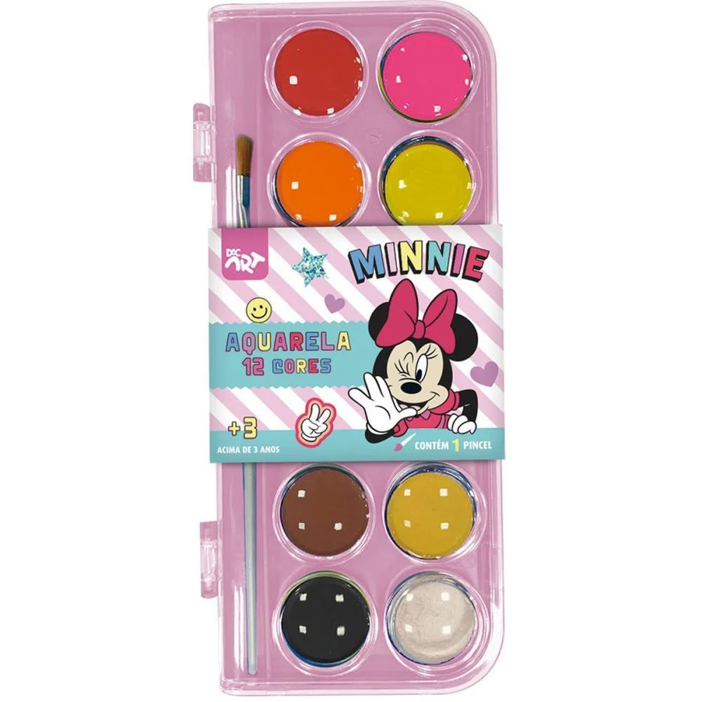 AQUARELA ESCOLAR MINNIE 12 CORES C/PINCEL DAC (UNIDADE)