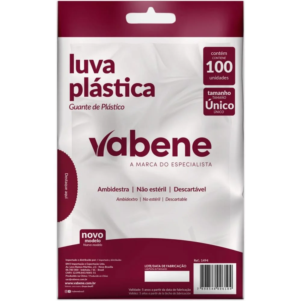 LUVA PLASTICA DESCARTAVEL TAM.UNICO VABENE (PCT.C/100)