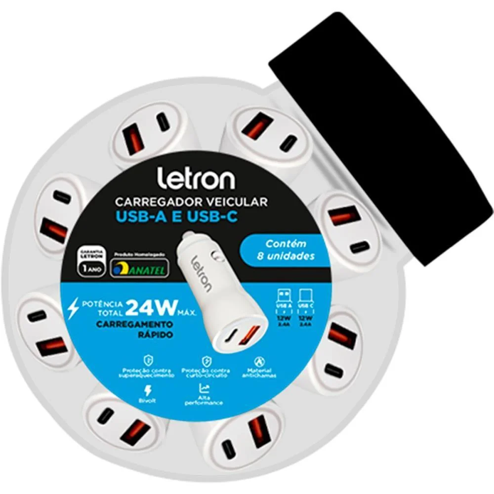 CARREGADOR VEICULAR 2 ENTRADAS USB-A/C 24W BIV BR LEONORA (POTE-08)