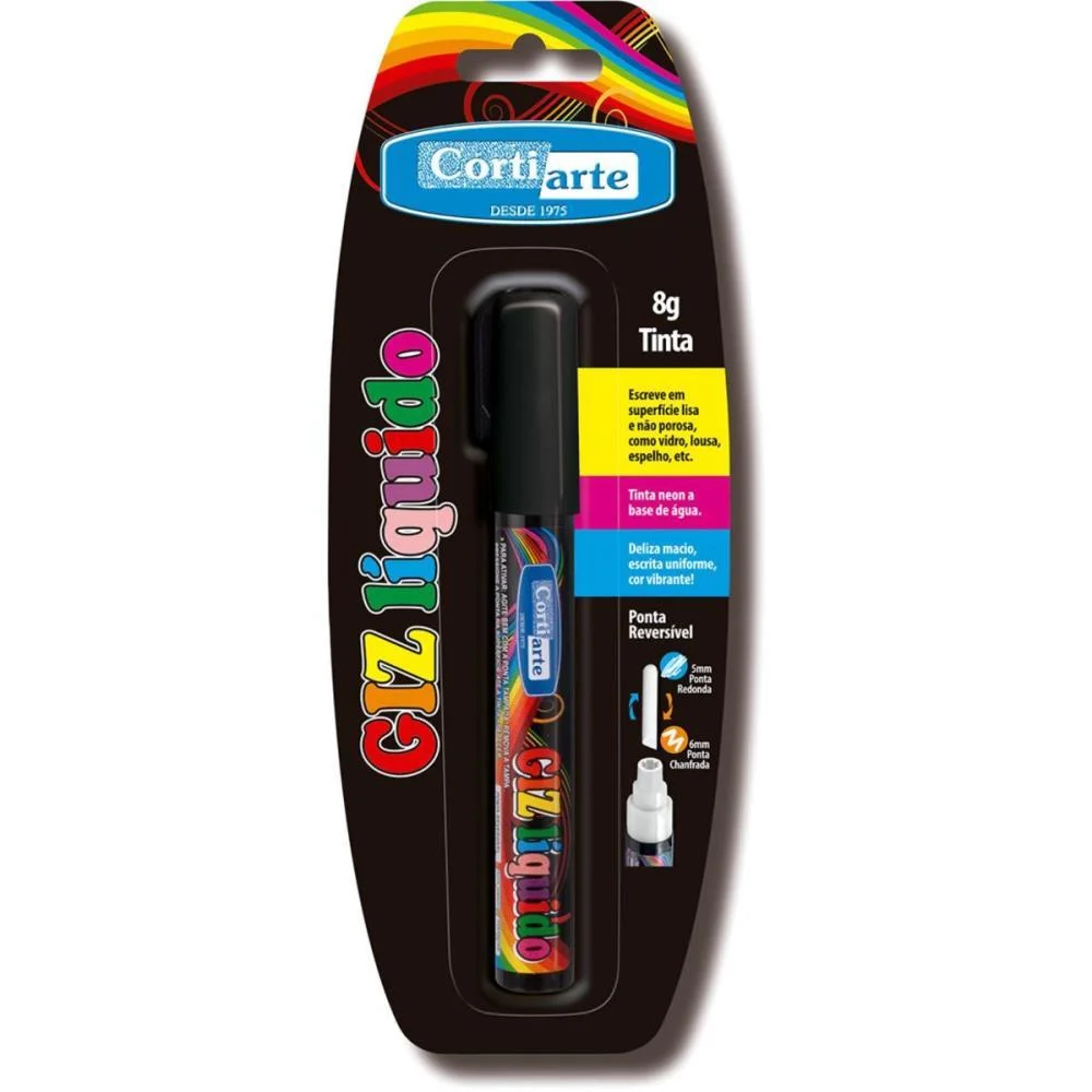 Giz Liquido Preto 5Mm 8G Ponta Dupla Cortiarte (Blister)
