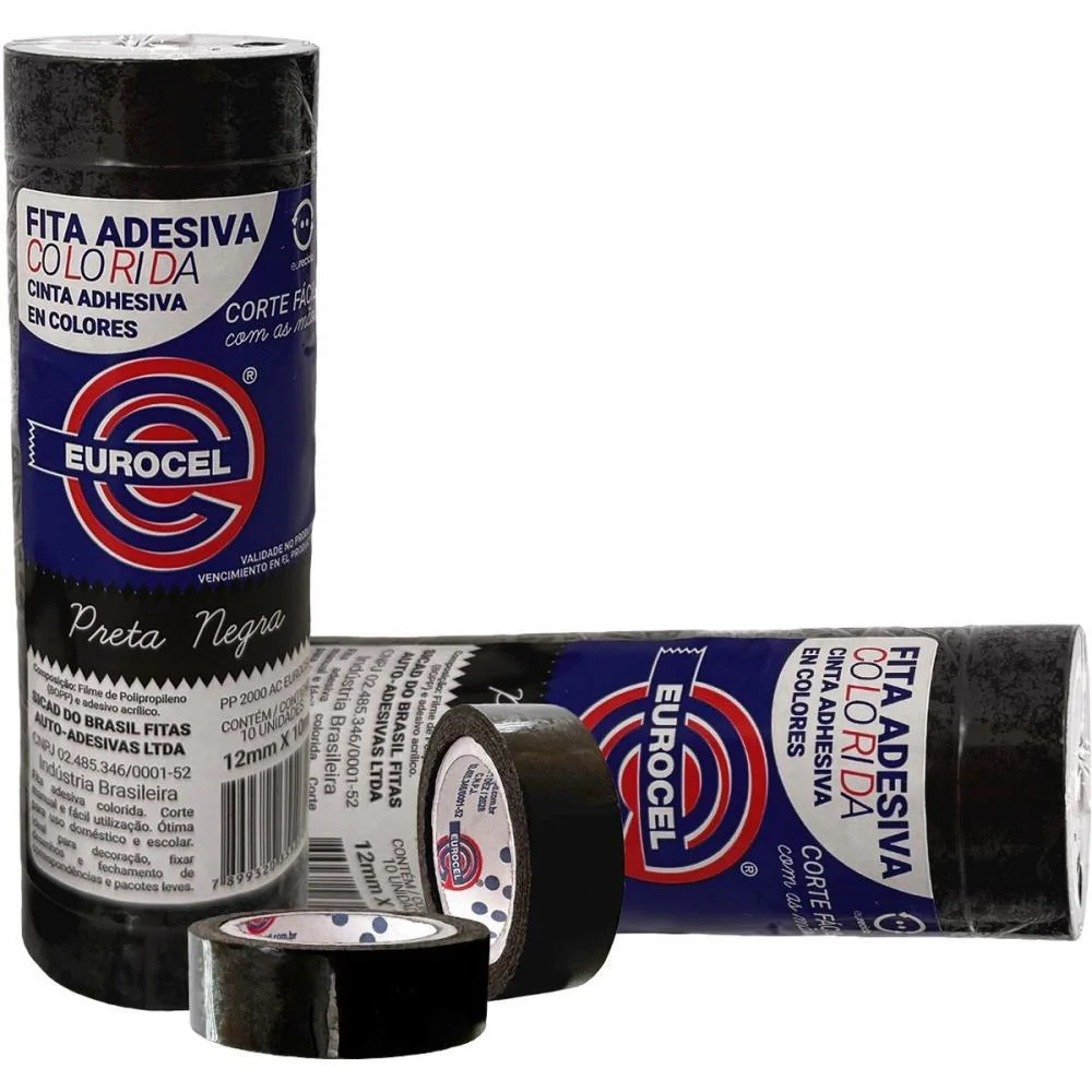 Fita Adesiva Pp 2000 12Mmx10M Preta Eurocel 10 Unidades