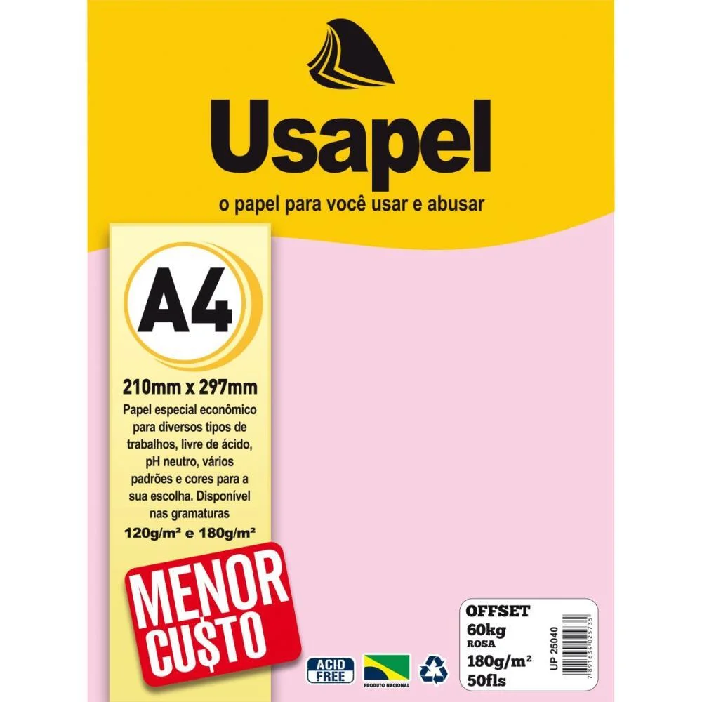 Papel Sulfite A4 Colorido Offset 180G 60K Rosa 50Fls Filiperson (Pacote)