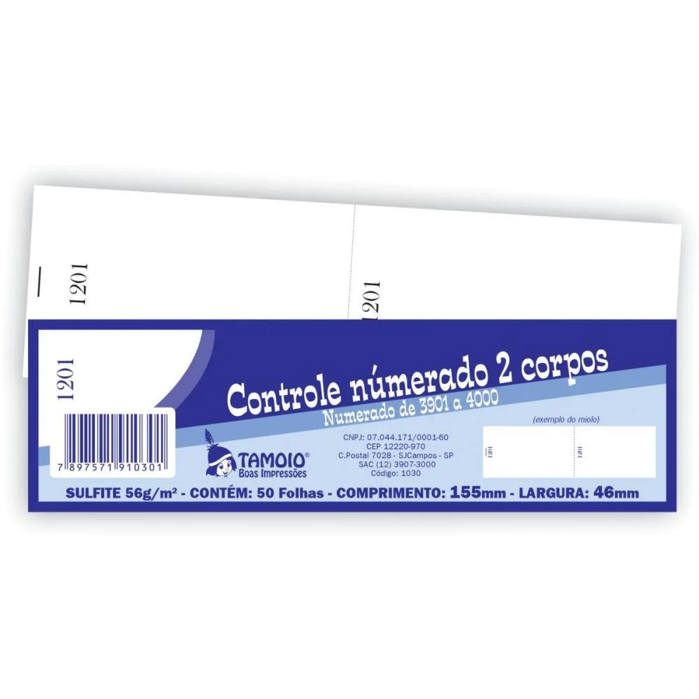 Talão Impresso Controle 2 Corpos 100Fls. Tamoio 20 Unidades