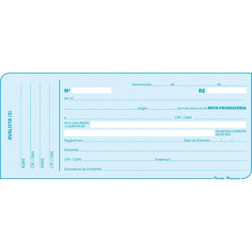 Talão Impresso Nota Promissoria 50F 205X90Mm Pauta Branca 20 Unidades