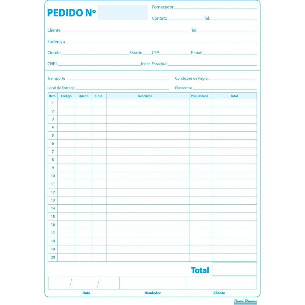 Talão Impresso De Pedido 1/18 Multivias 50Fls 139X209Mm Pauta Branca 20 Unidades