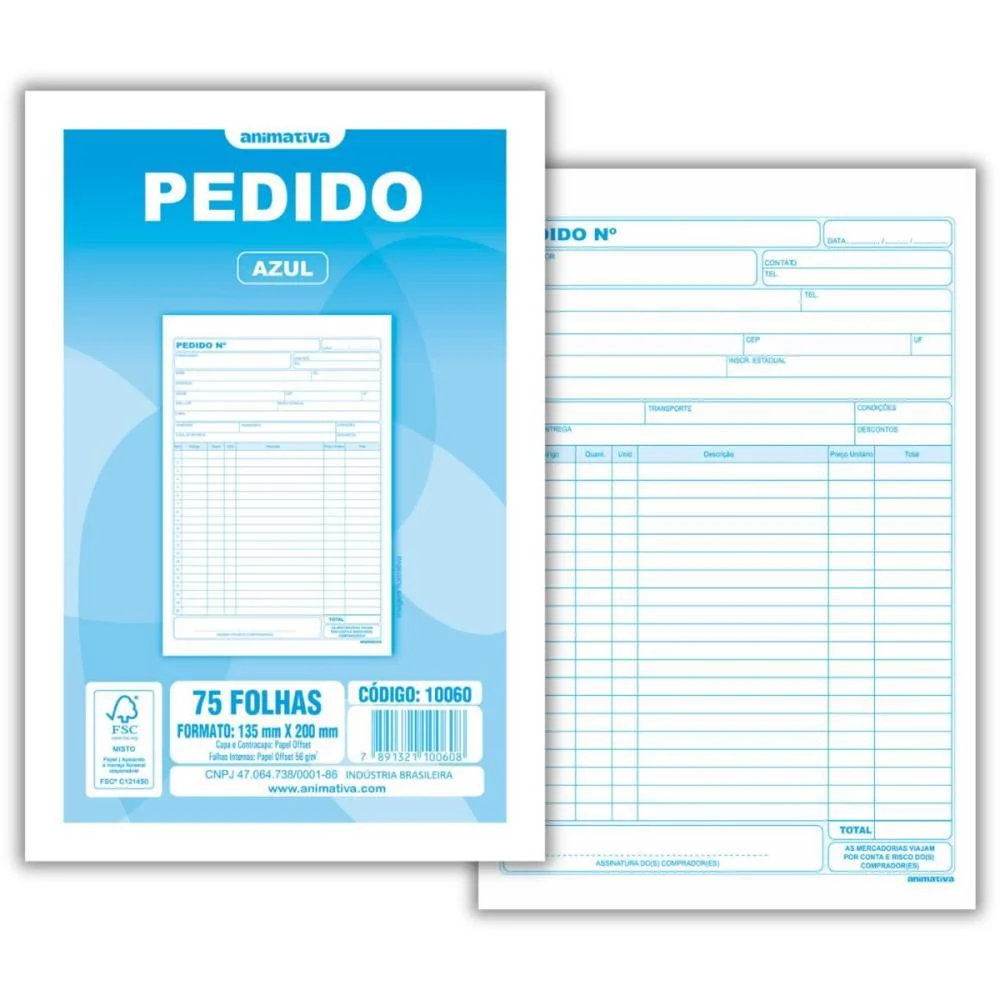 Talão Impresso De Pedido 1/18 1 Via 75 Folhas Animativa 10 Unidades