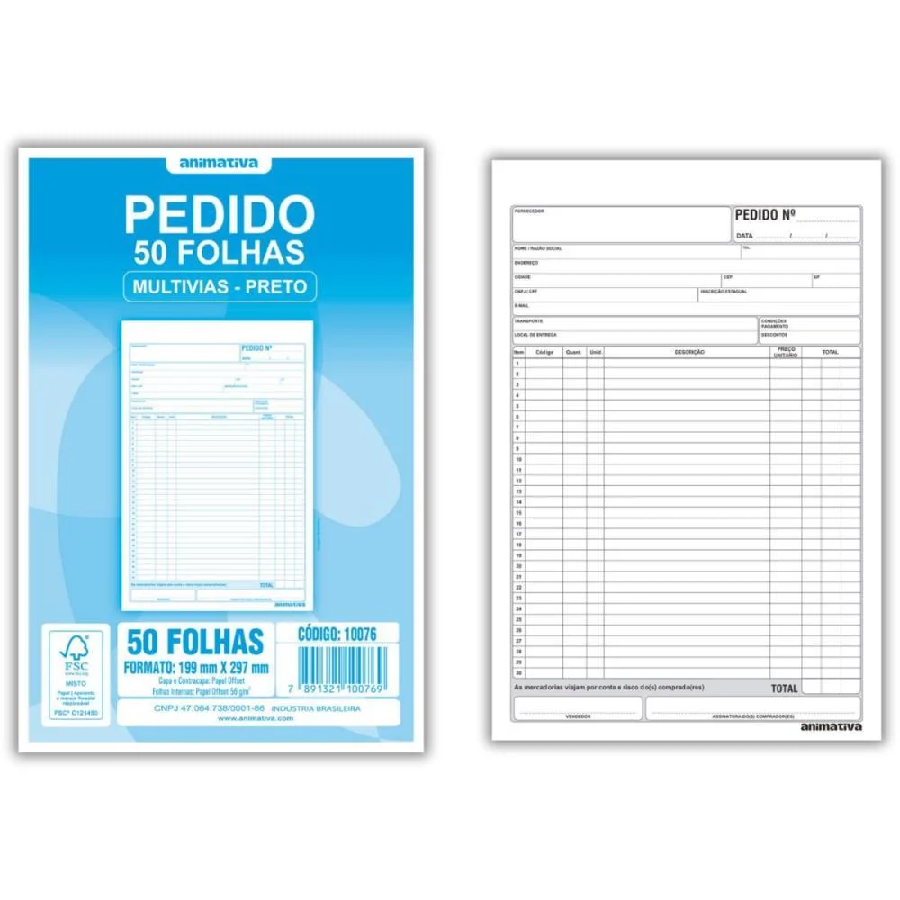 Talão Impresso De Pedido 1/9 1 Via 50 Folhas Animativa 10 Unidades