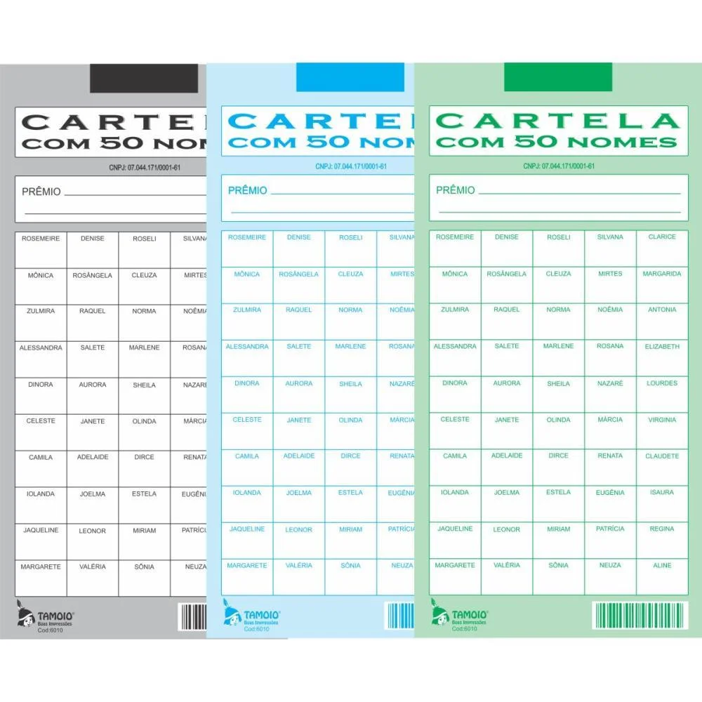 Cartela De Rifa C/50 Nomes Pct.c/50 Cartelas Tamoio (Pacote)