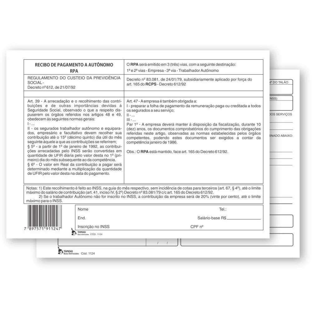 Impresso Recibo Autonomo Pgto 3Vias 25X3Fls Tamoio (Pct.c/10)