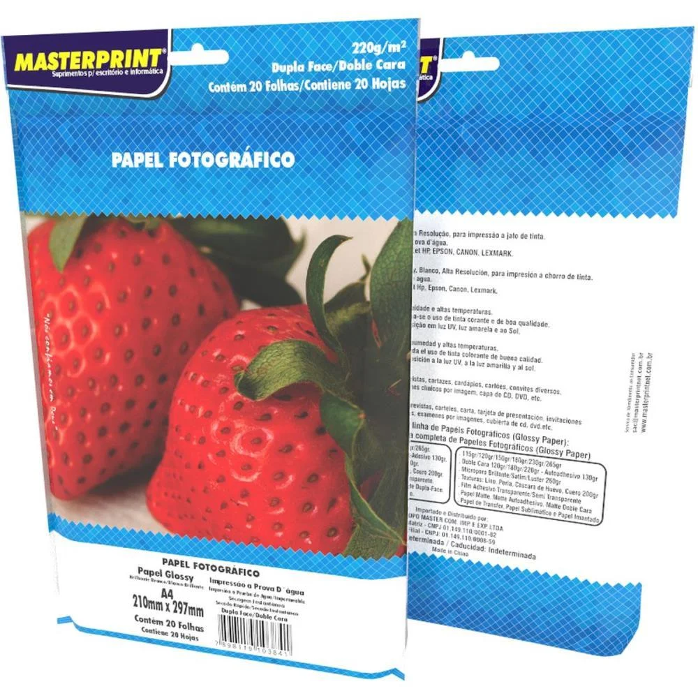 PAPEL FOTOGRAFICO INKJET A4 GLOSSY DUPLA FACE 220G MASTERPRINT (PCT.C/20)