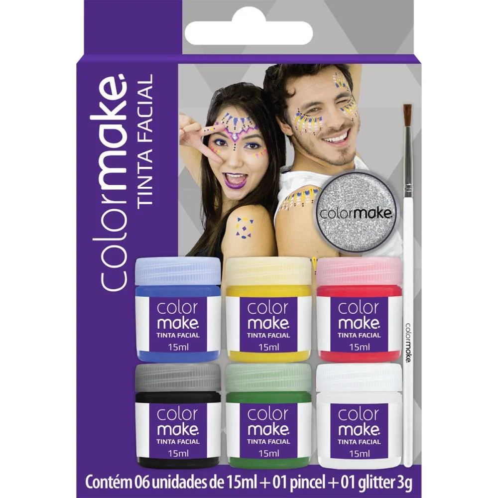 Pintura Facial Liquida 6 Cores+Pincel+Gliter Colormake (Kit)