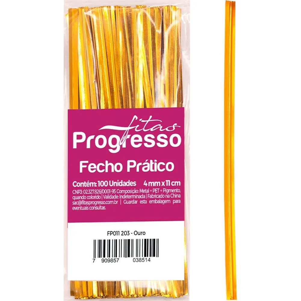 FECHO METALICO DOURADO 4MMX11CM. FITAS PROGRESSO (PCT.C/100)