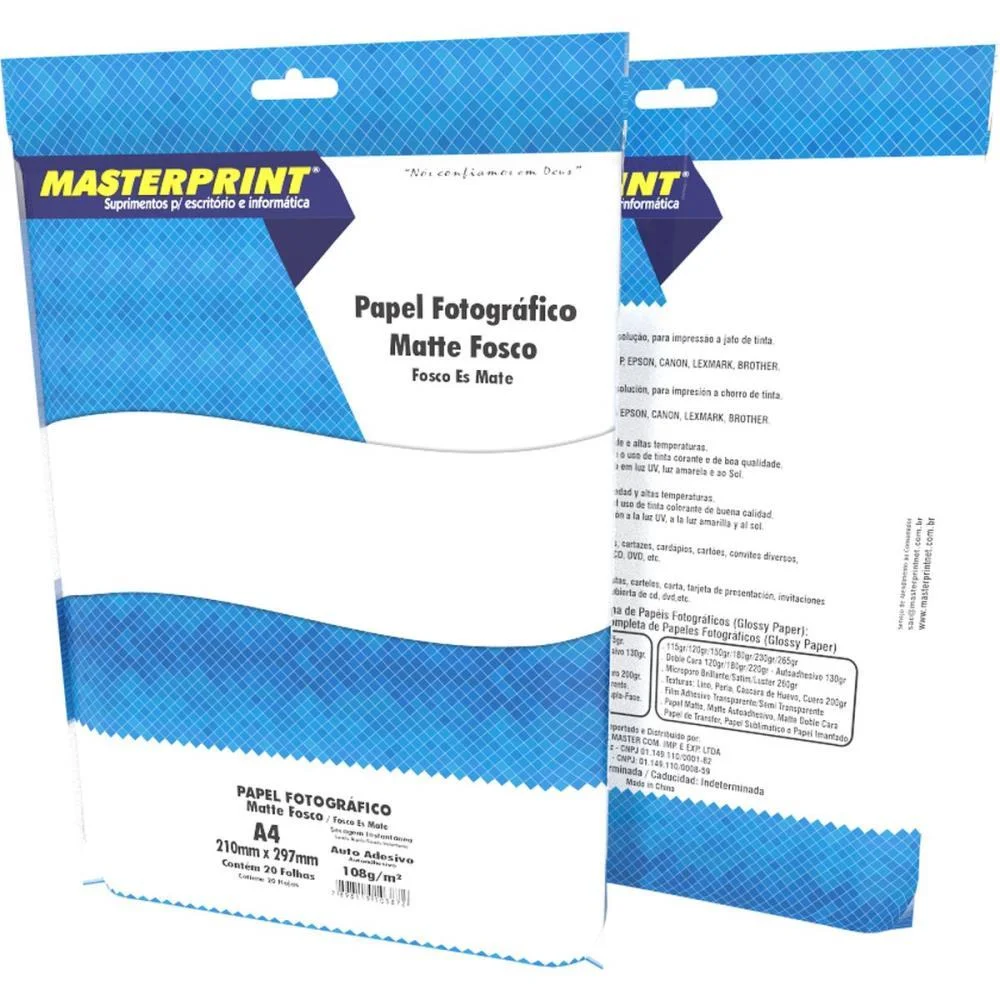 PAPEL FOTOGRAFICO INKJET A4 MATTE ADESIVO 108G MASTERPRINT (PCT.C/20)