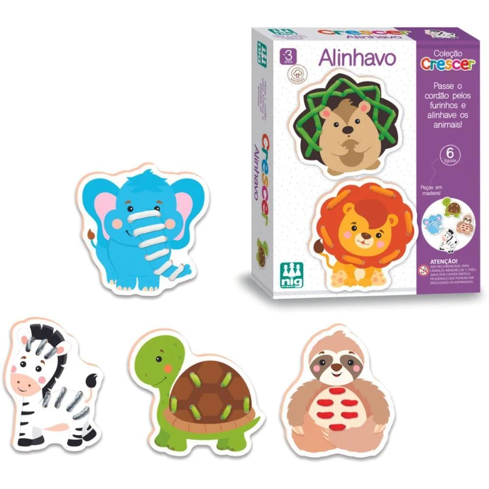 BRINQUEDO EDUCATIVO ALINHAVO 6 ANIMAIS EM MADEIRA NIG BRINQUEDOS (UNIDADE)