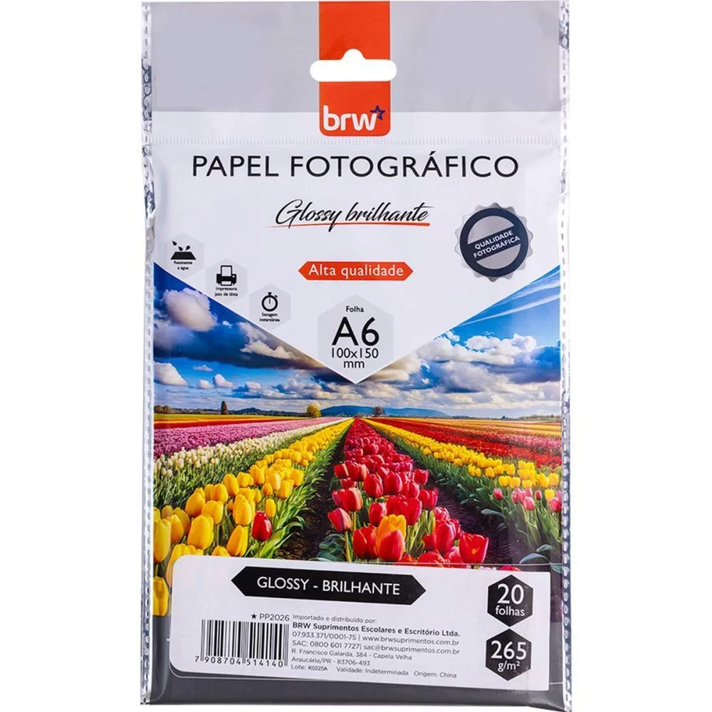 PAPEL FOTOGRAFICO INKJET A6 GLOSSY BRILHANTE 265G. BRW (PCT.C/20)