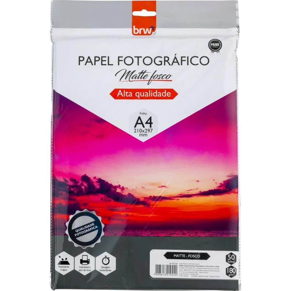 PAPEL FOTOGRAFICO INKJET A4 MATTE FOSCO 180G. BRW (PCT.C/50)