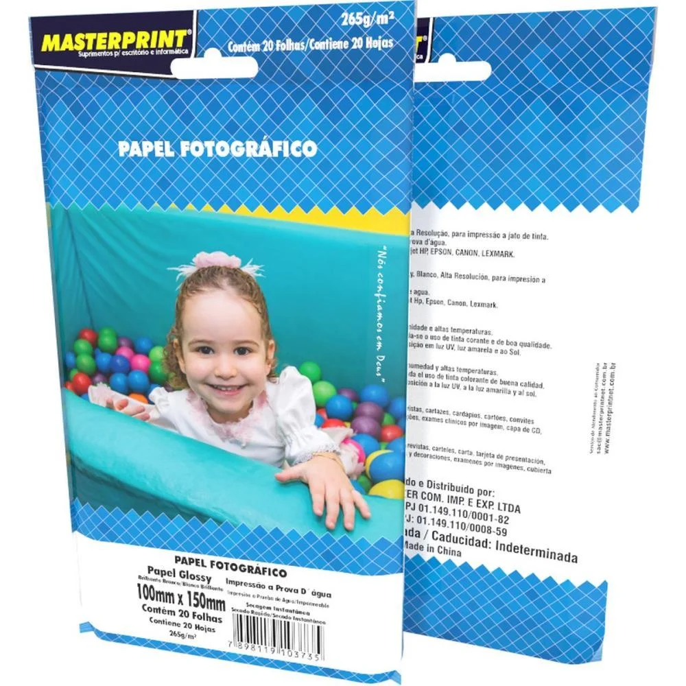 PAPEL FOTOGRAFICO INKJET 10X15CM GLOSSY 265G MASTERPRINT (PCT.C/20)