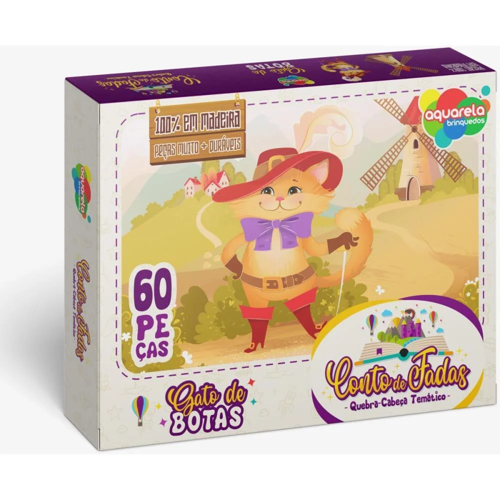 QUEBRA-CABECA MADEIRA GATO DE BOTAS 60 PECAS AQUARELA BRINQUEDOS (UNIDADE)