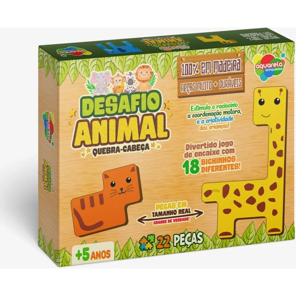 QUEBRA-CABECA MADEIRA DESAFIO ANIMAL 22 PECAS AQUARELA BRINQUEDOS (UNIDADE)