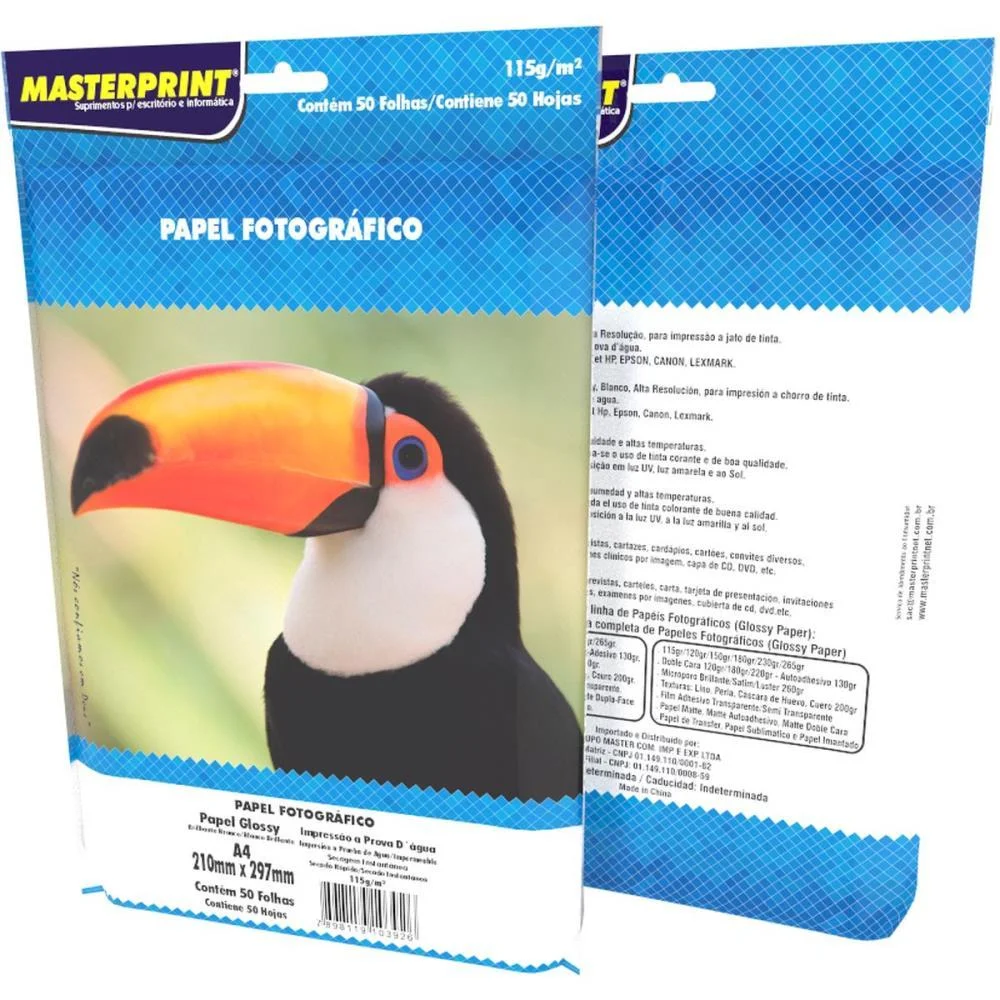 PAPEL FOTOGRAFICO INKJET A4 GLOSSY 115G MASTERPRINT (PCT.C/50)
