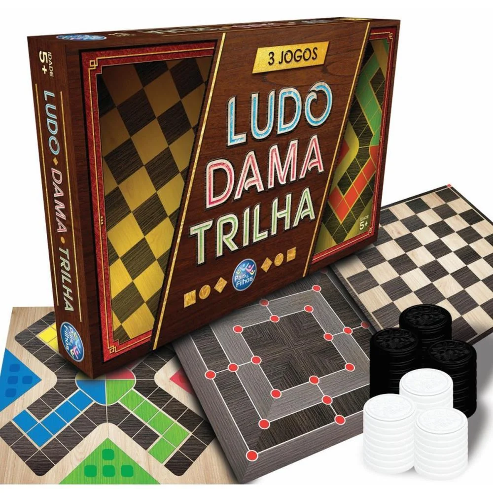 JOGO DE TABULEIRO 3 JOGOS LUDO/DAMA E TRILHA PAIS E FILHOS (UNIDADE)