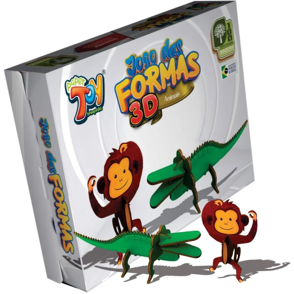 BRINQUEDO PEDAGOGICO FORMAS 3D MACACO/JACARE MDF PAPERTOY (UNIDADE)
