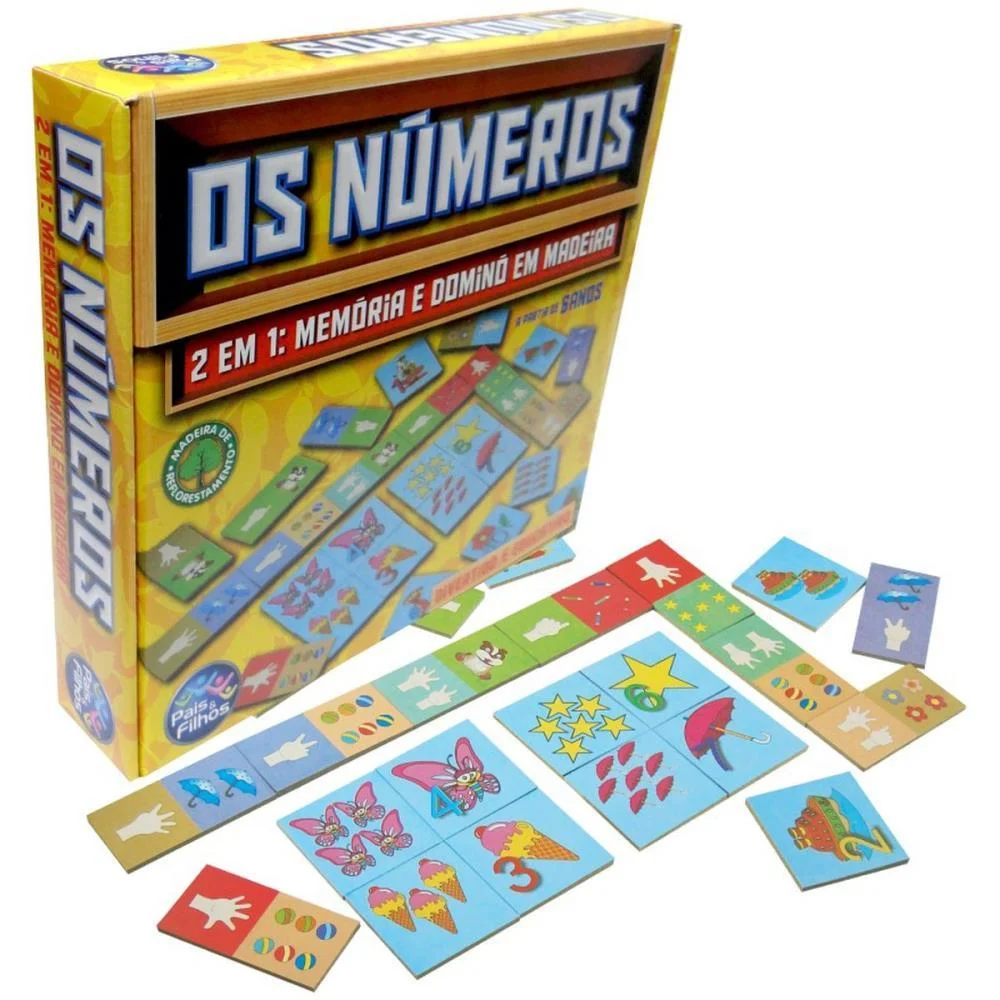 BRINQUEDO PEDAGOGICO MADEIRA OS NUMEROS DOMINO E MEMORIA PAIS E FILHOS (UNIDADE)