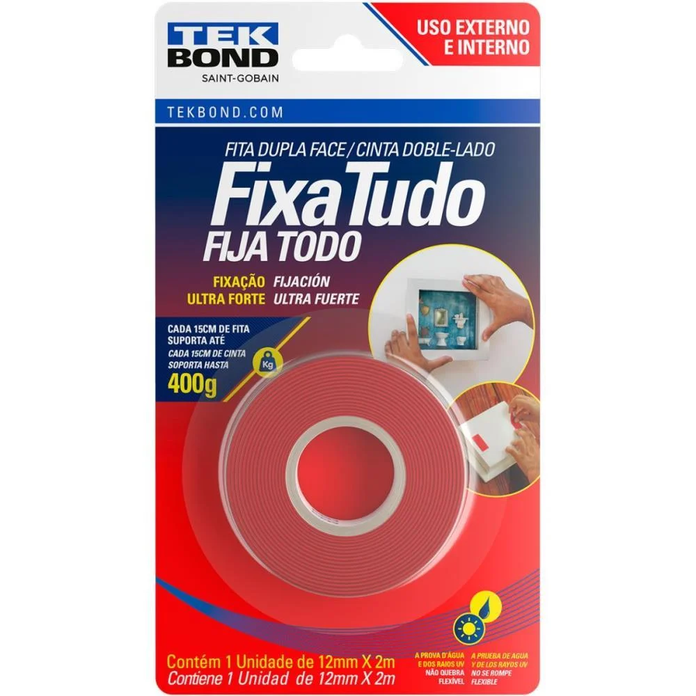 FITA DUPLA FACE FIXA TUDO ACR.USO EXTE.12MMX2M TEKBOND (BLISTER)